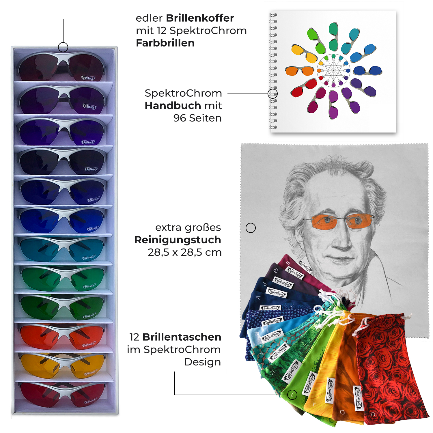 SpektroChrom Komplett-Set – 12 Farbbrillen mit Display-Koffer und Handbuch